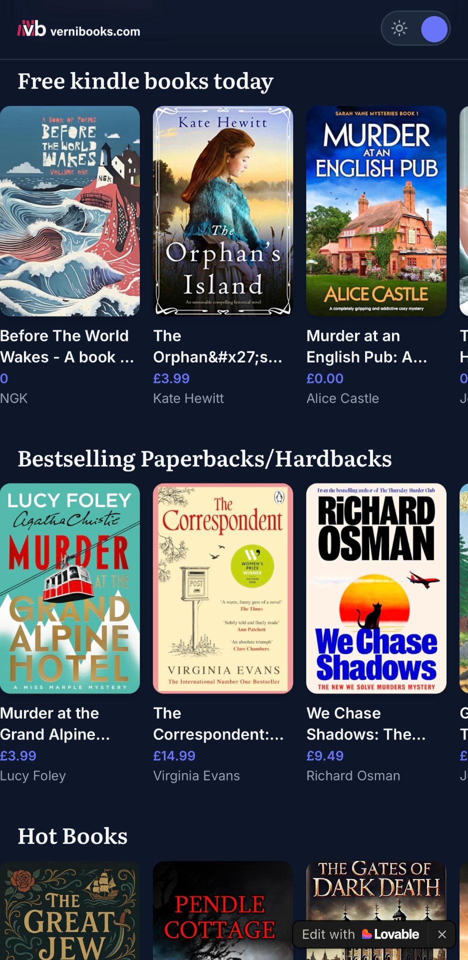 vernibooks.com showing free kindle books today, bestselling paperbacks and the Hot Books stream