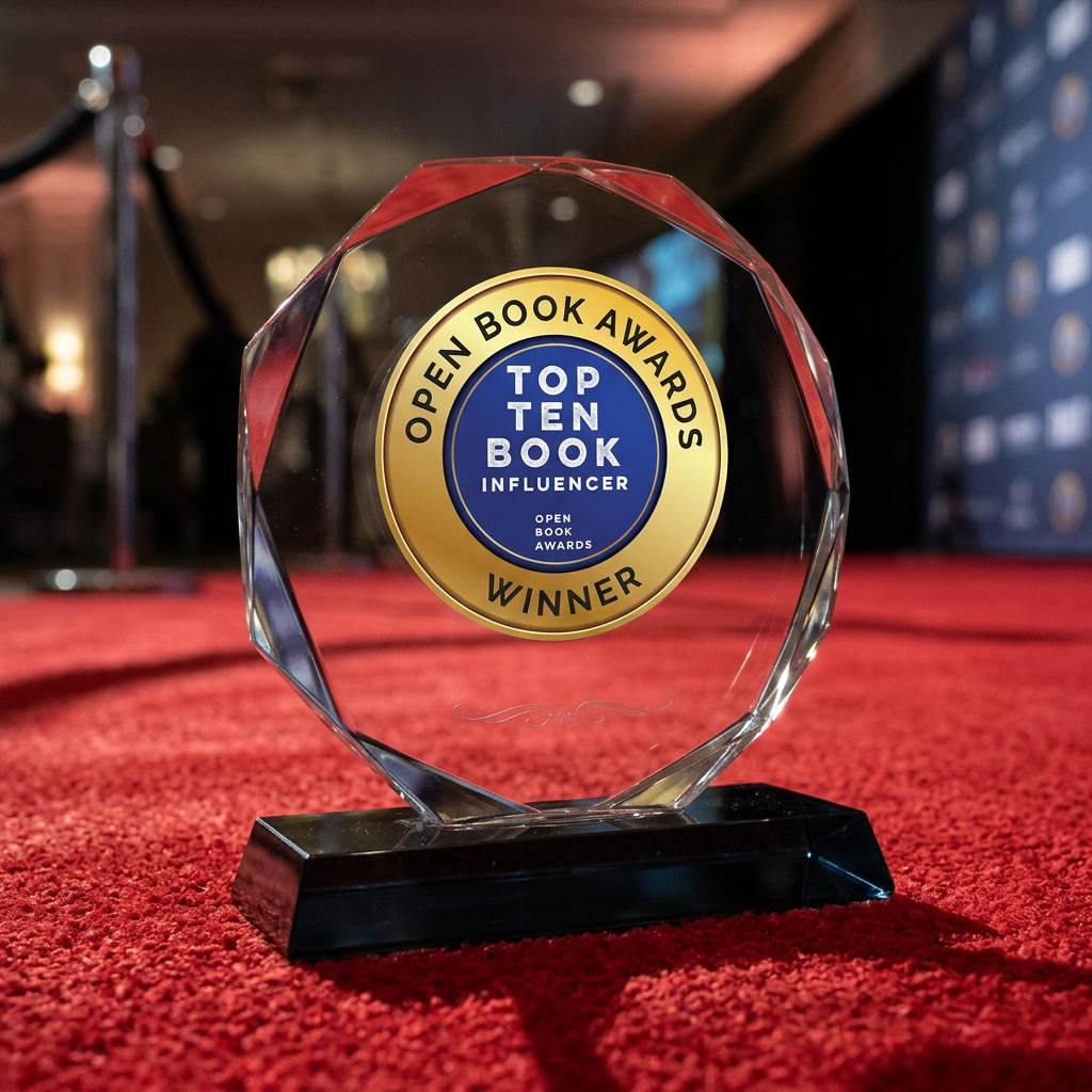 Open Book Awards Top Ten Book Influencer glass trophy on a red carpet